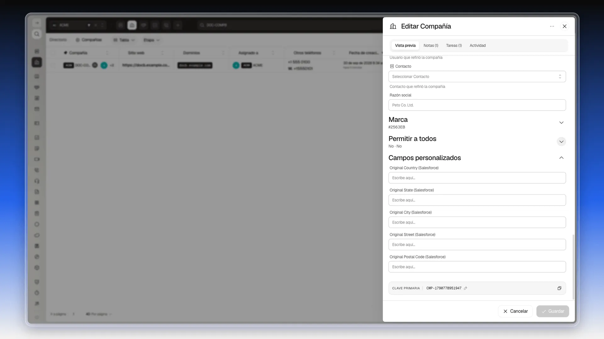 Panel Editar Compañía con la sección Permitir a todos plegada y el resumen No · No