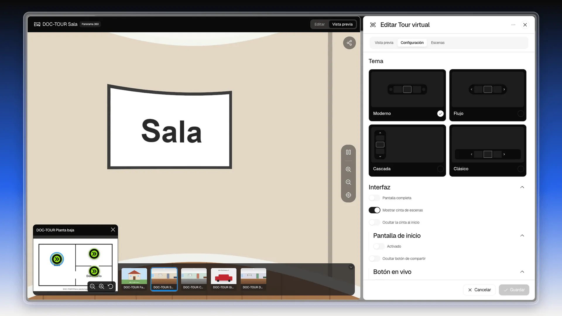 Pestaña Configuración con la sección Tema y el visor en Vista previa con el tema Moderno