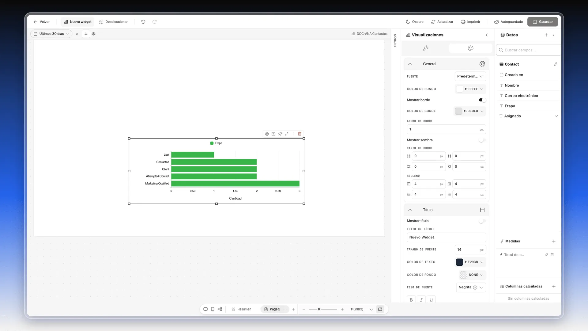 Pestaña Formato del widget con las secciones General y Título, y el gráfico de barras seleccionado en el lienzo