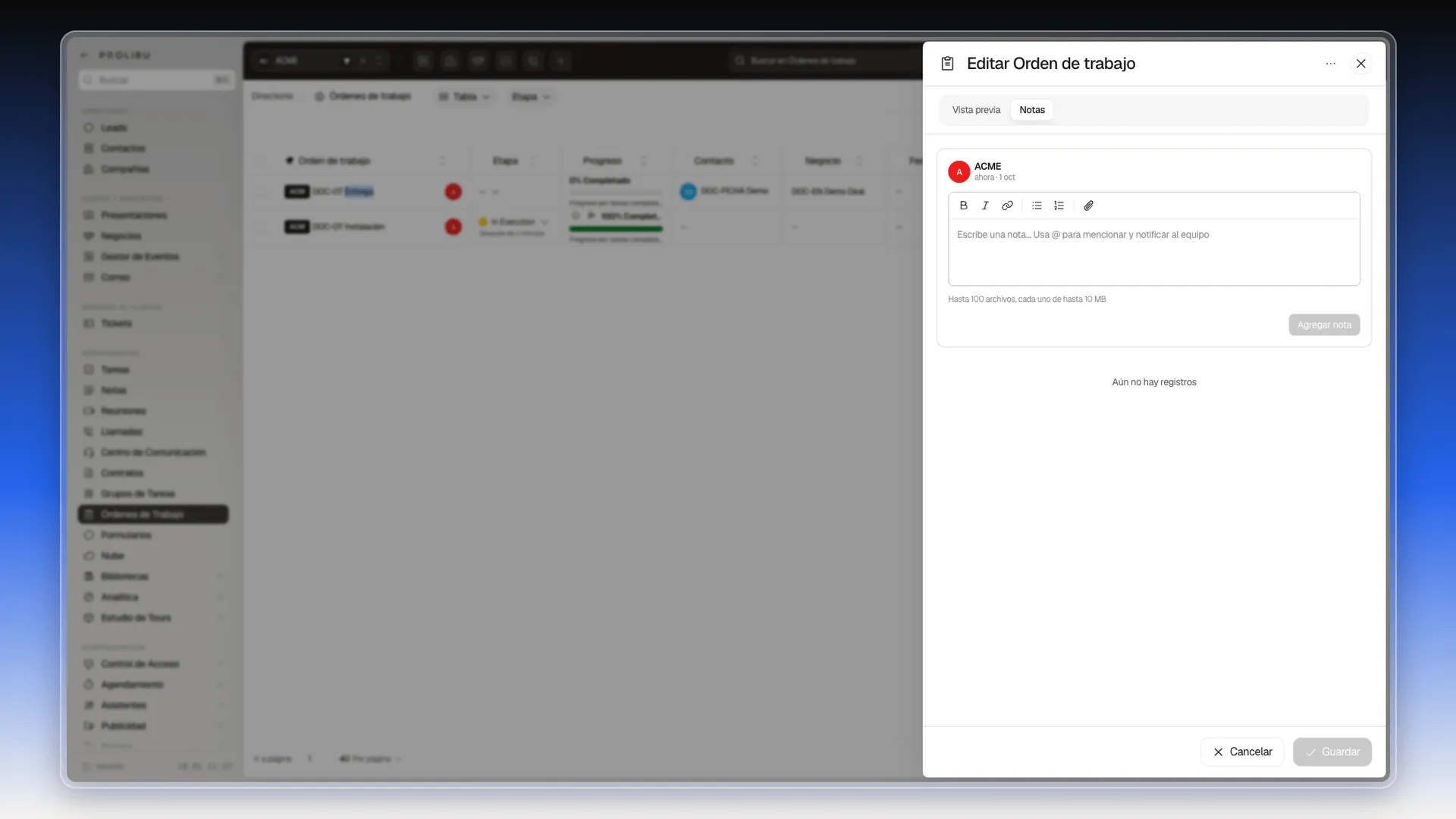Pestaña Notas con el editor vacío y la barra de formato