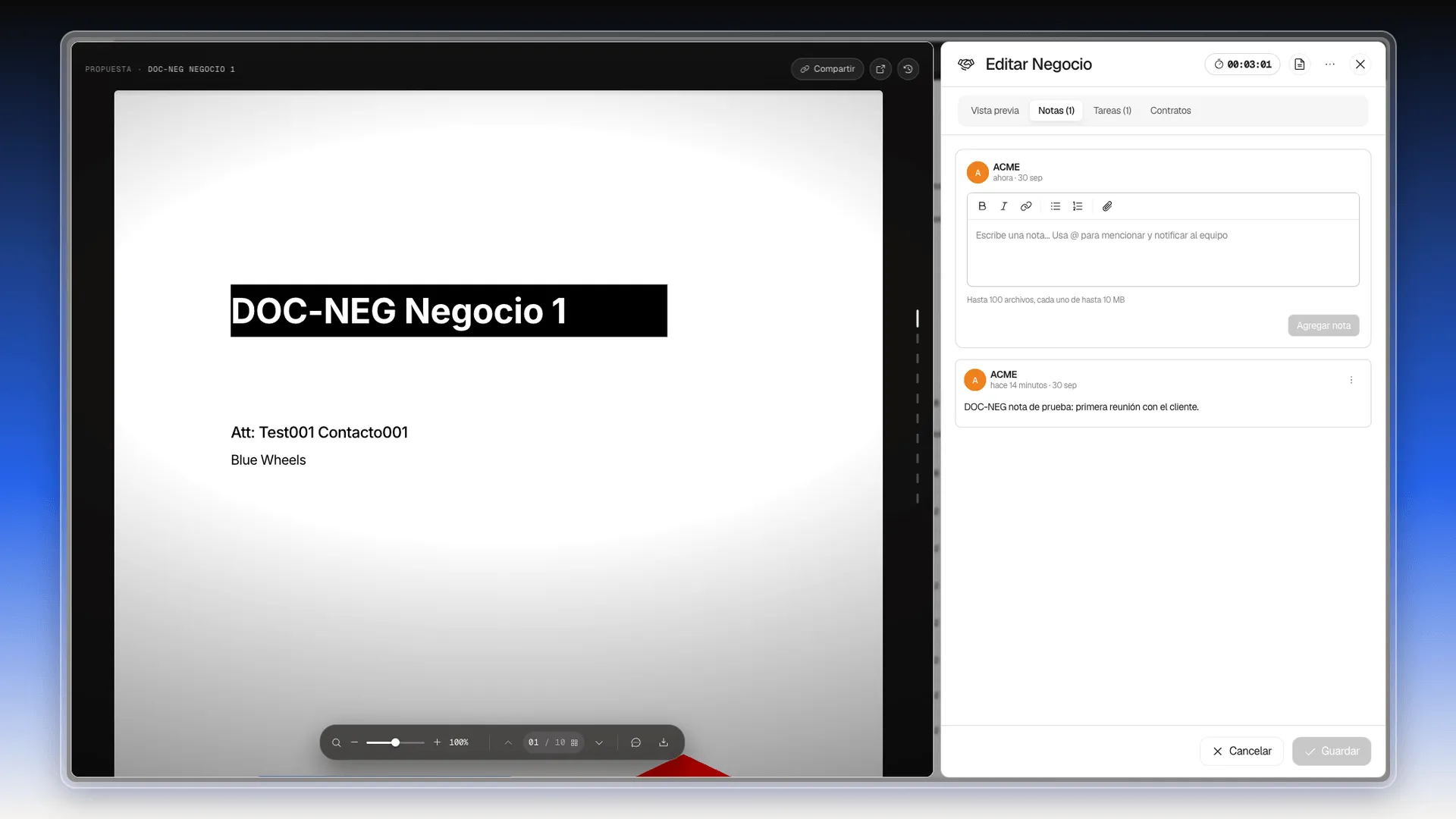 Pestaña Notas de un negocio con el cuadro para escribir, sus botones de formato y una nota ya agregada debajo