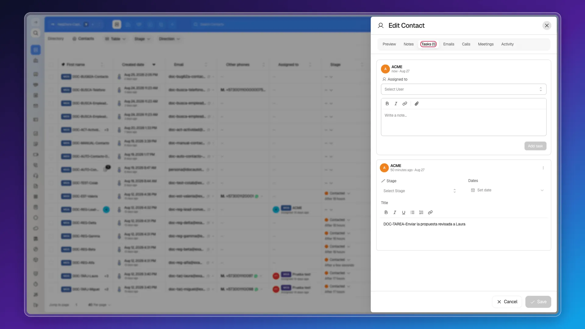 Tasks tab on a contact's record