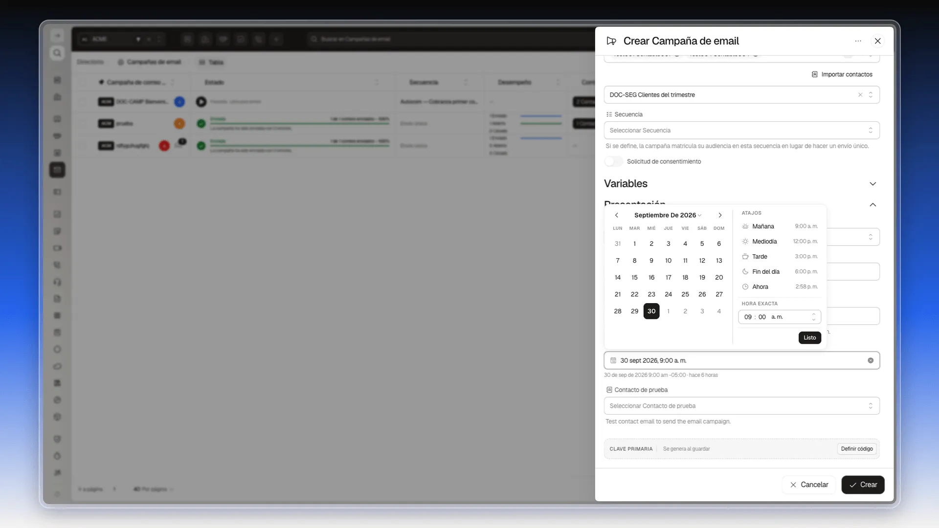 Selector de fecha de Programado para con el calendario, los atajos de hora y la hora exacta
