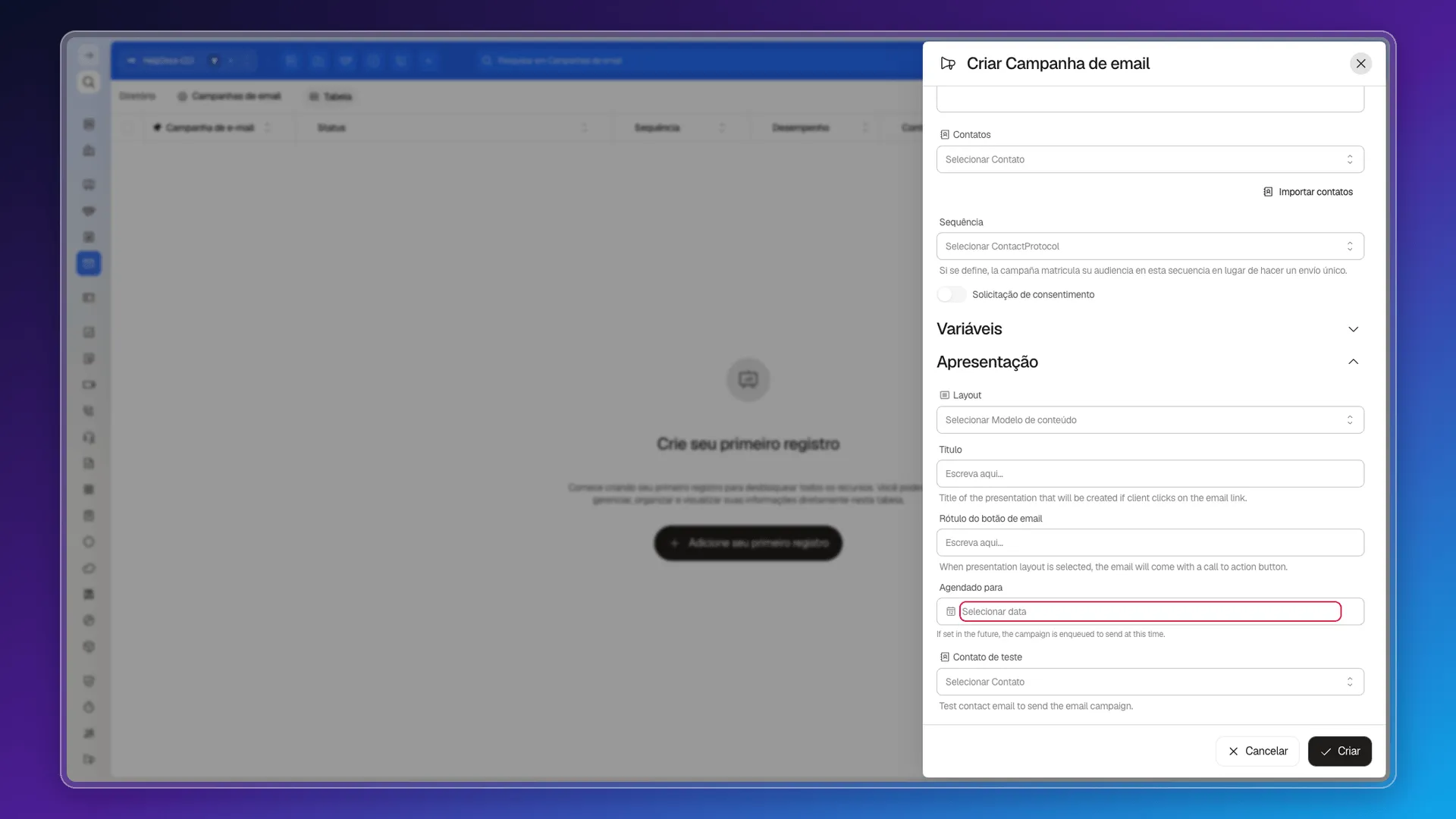 Formulário Criar Campanha de email com o campo Agendado para destacado
