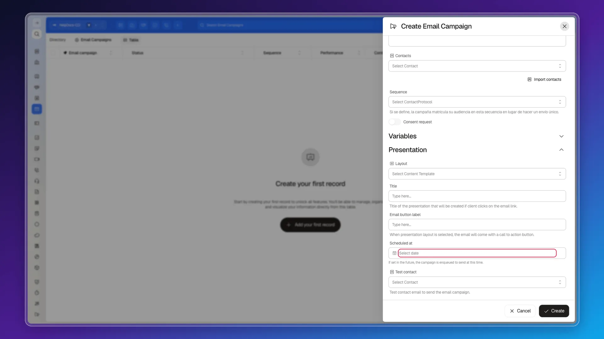 Create Email Campaign form with the Scheduled at field highlighted
