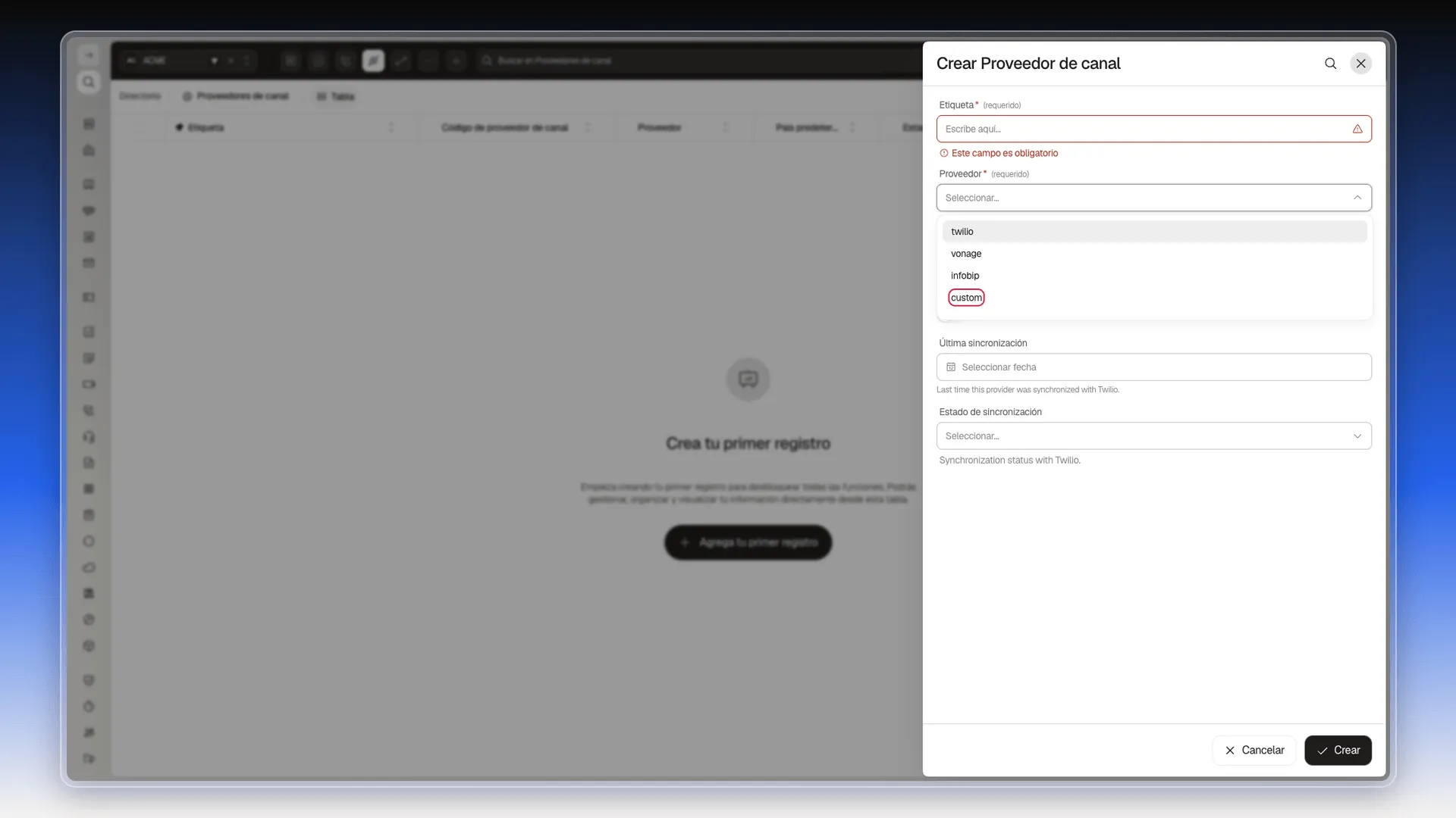 Lista desplegable del campo Proveedor con las opciones twilio, vonage, infobip y custom