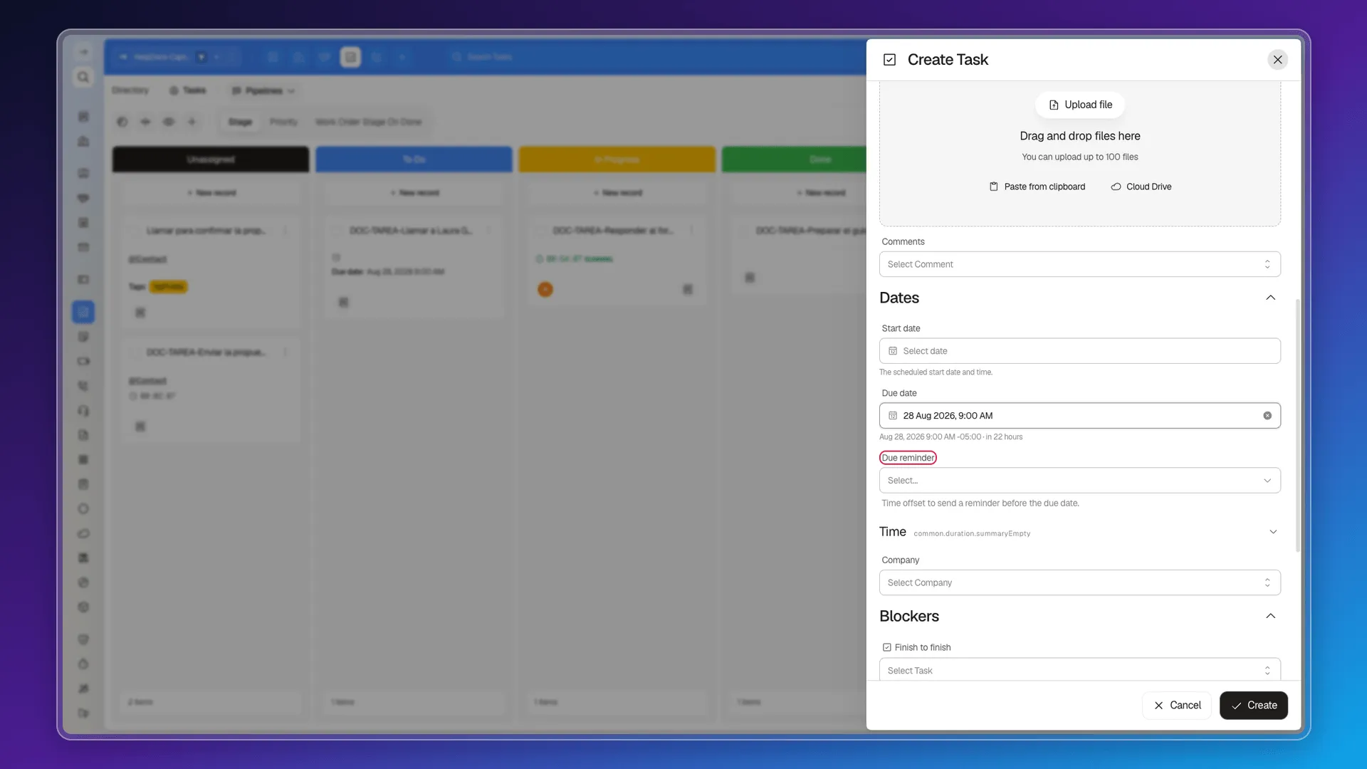 Due reminder field in a task's panel