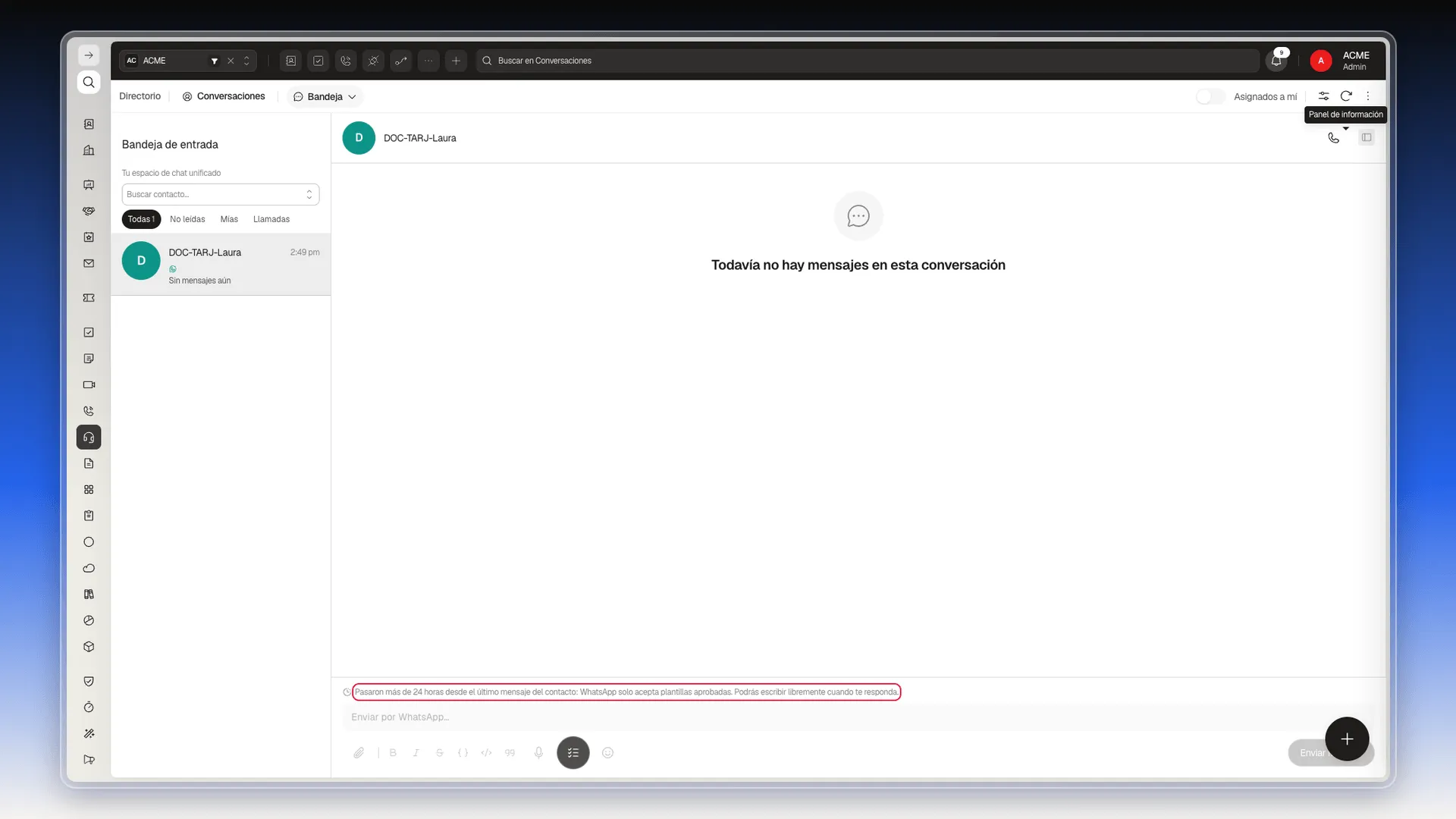 Redactor de una conversación de WhatsApp fuera de la ventana de 24 horas, con el aviso resaltado