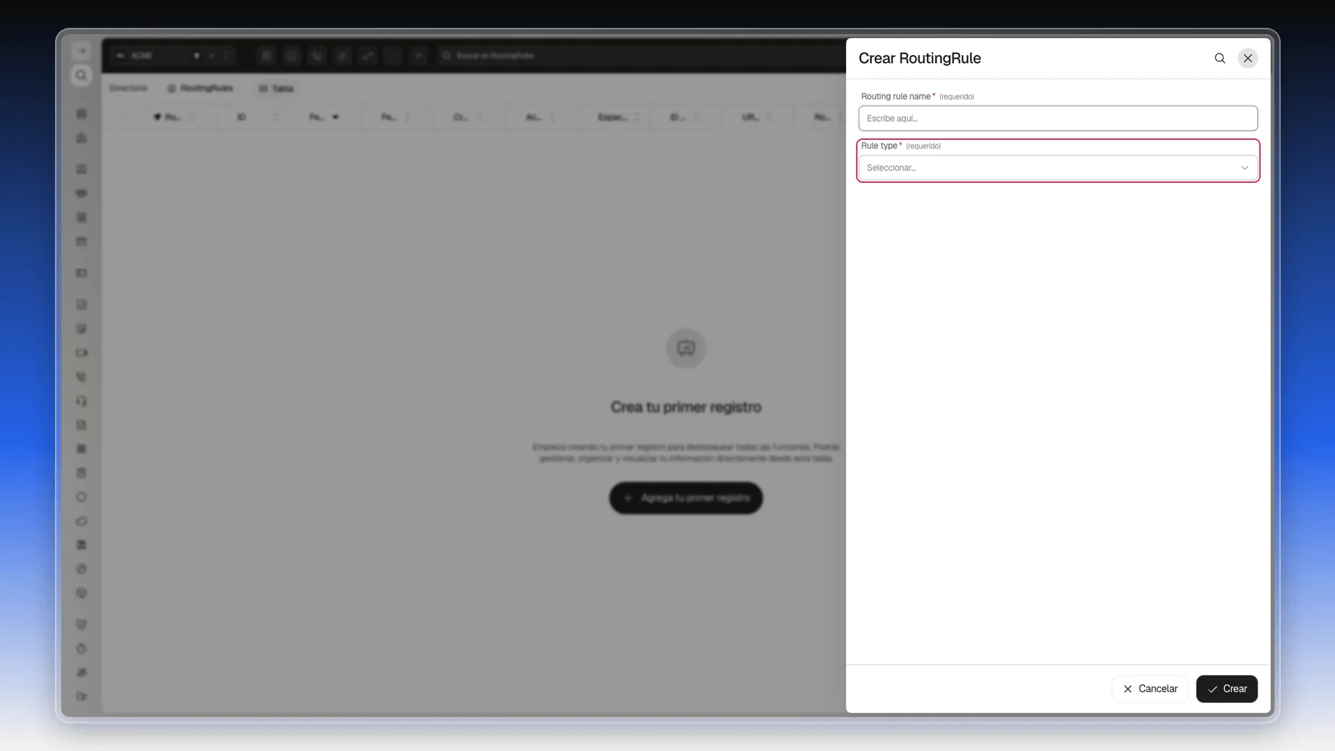 Formulario Crear RoutingRule con el campo Rule type resaltado