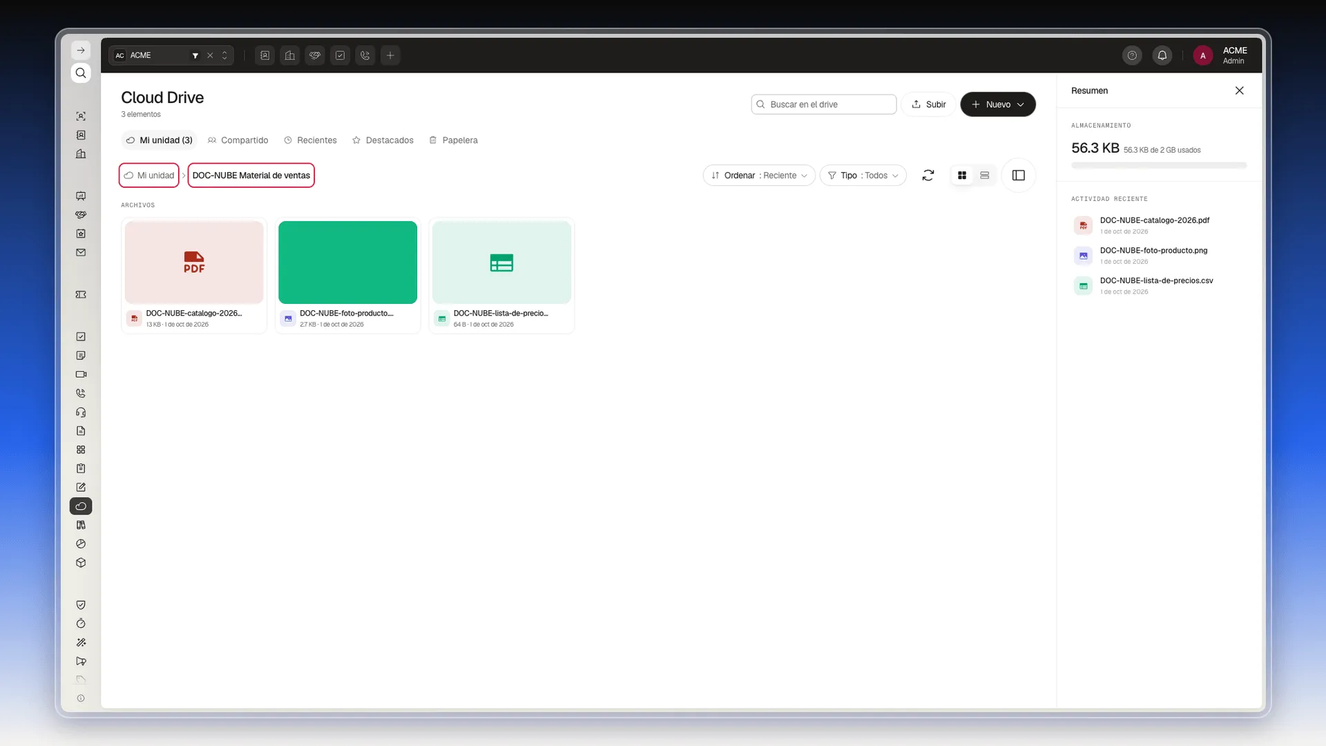 Contenido de una carpeta con la ruta Mi unidad › DOC-NUBE Material de ventas resaltada arriba a la izquierda