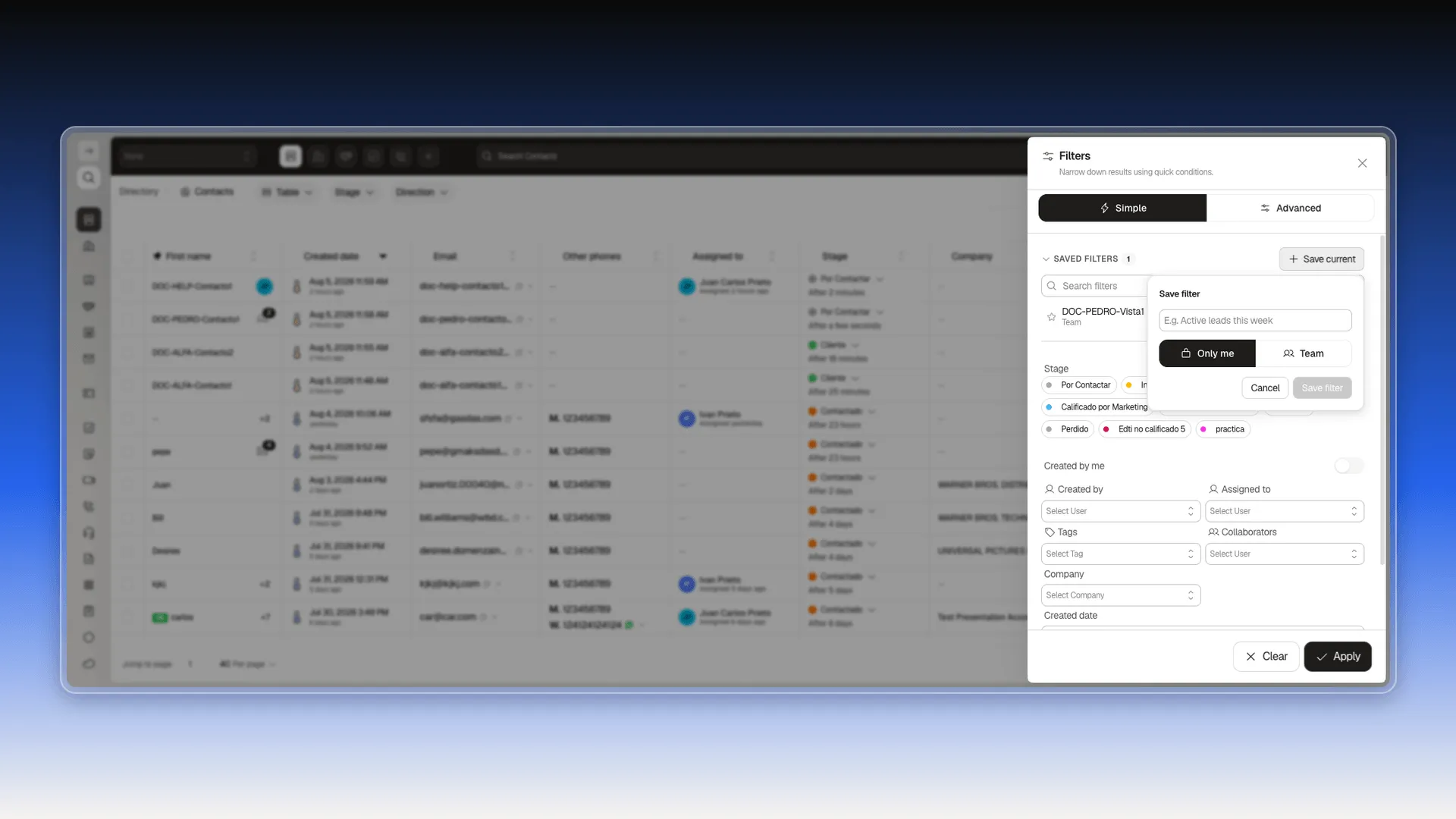 Save filter popover with a name field and Only me / Team visibility options