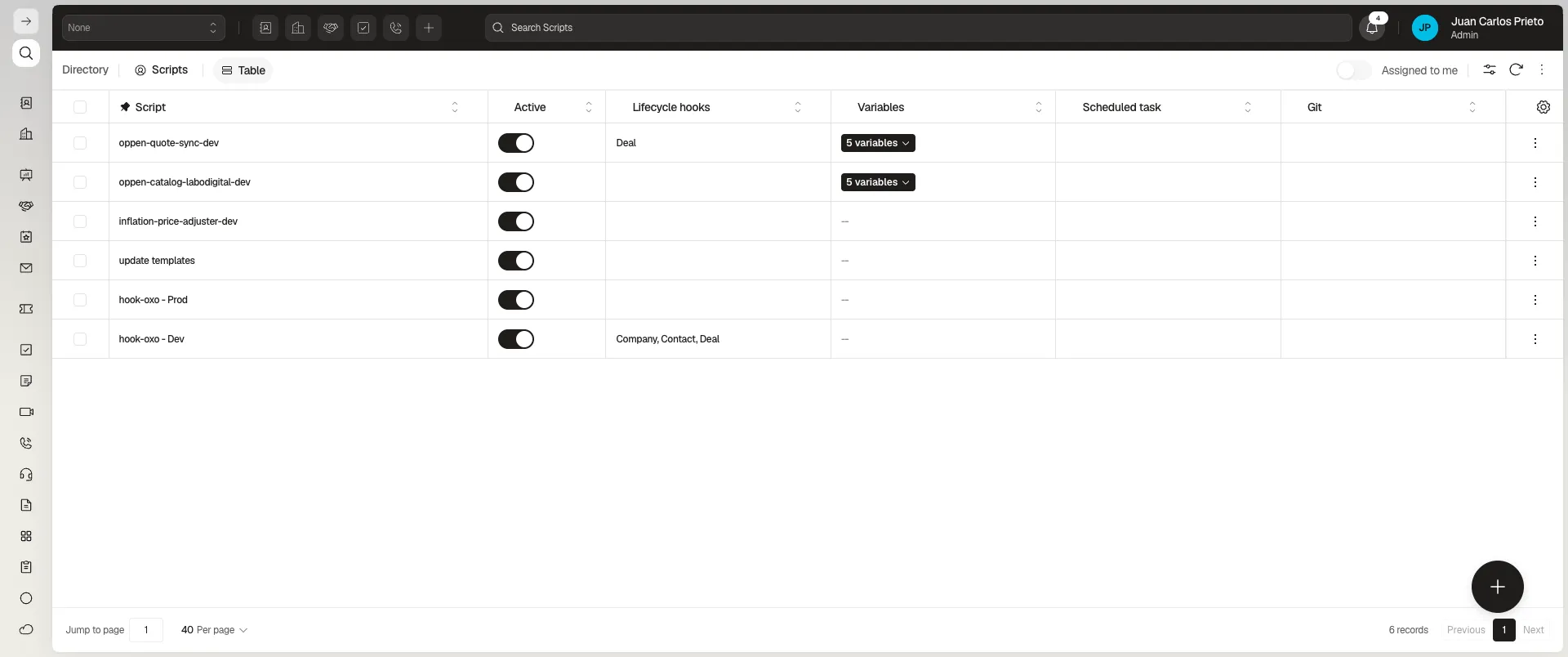 Scripts table with columns Script, Active, Lifecycle hooks, Variables, Scheduled task and Git