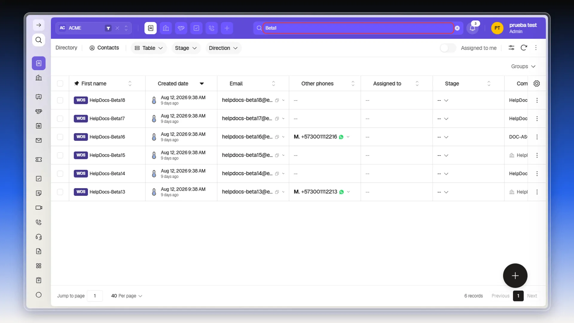 Searching "Beta1" in Contacts, with the field highlighted and the table narrowed to 6 records