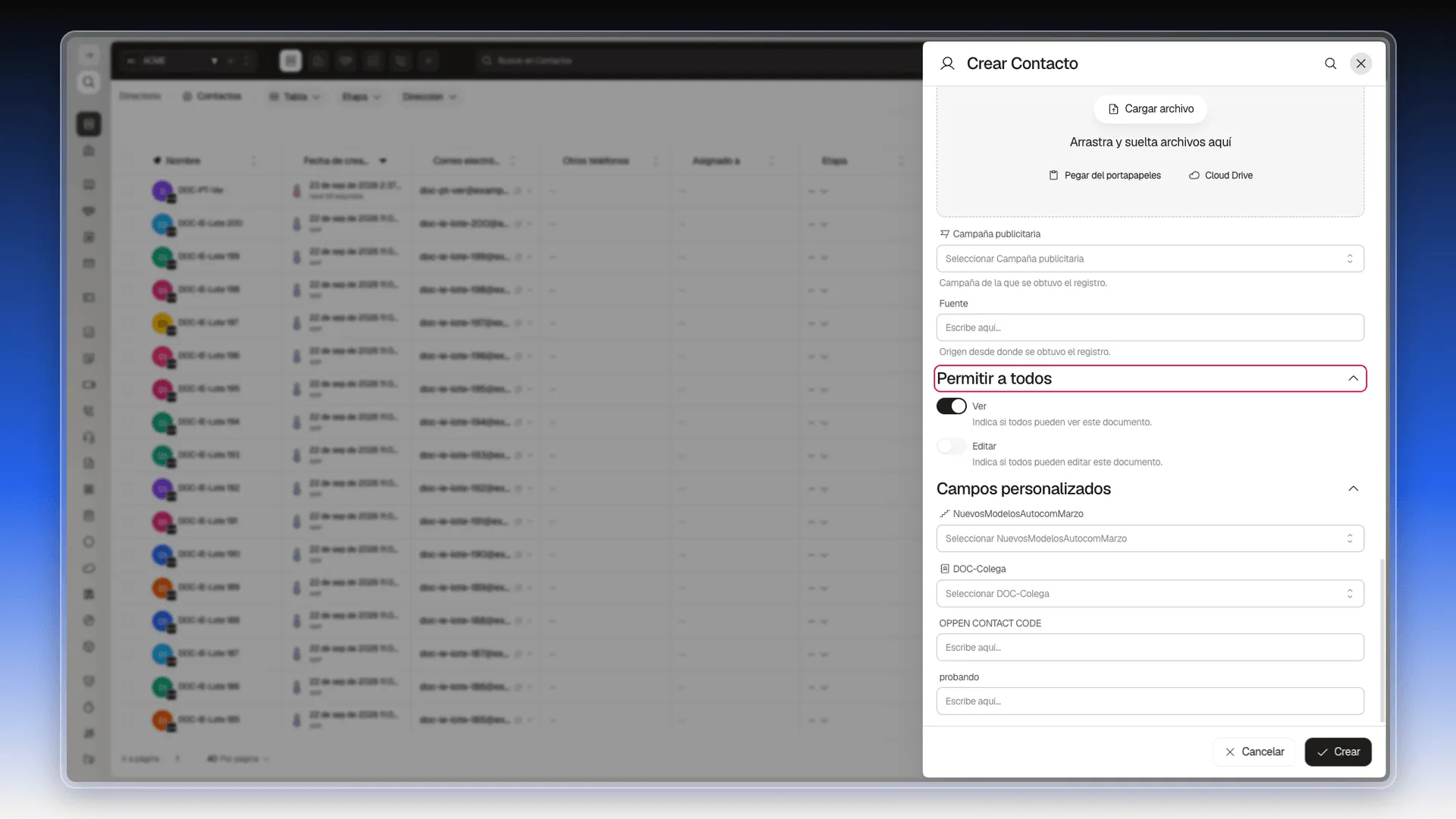 Panel Crear Contacto con la sección Permitir a todos resaltada y el interruptor Ver activado