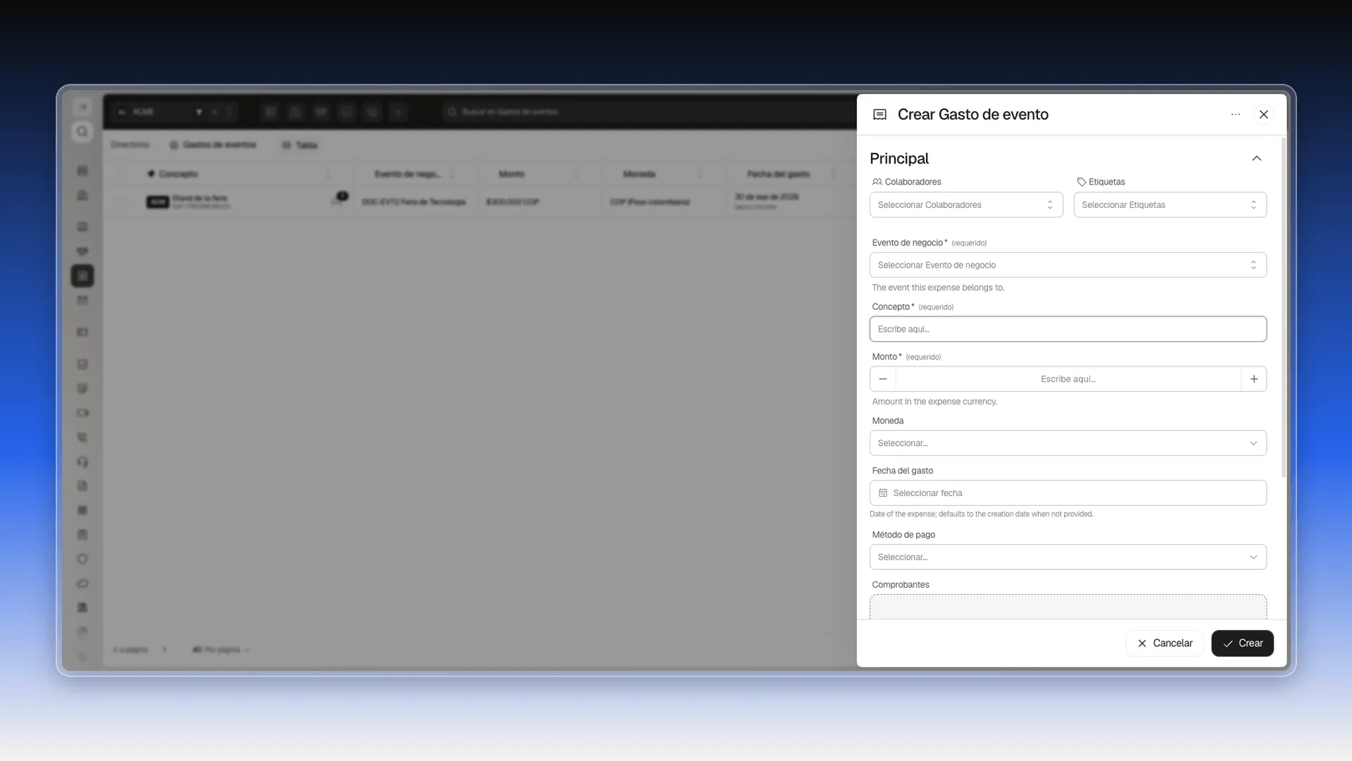 Sección Principal del formulario Crear Gasto de evento con Colaboradores, Etiquetas, Evento de negocio, Concepto y Monto