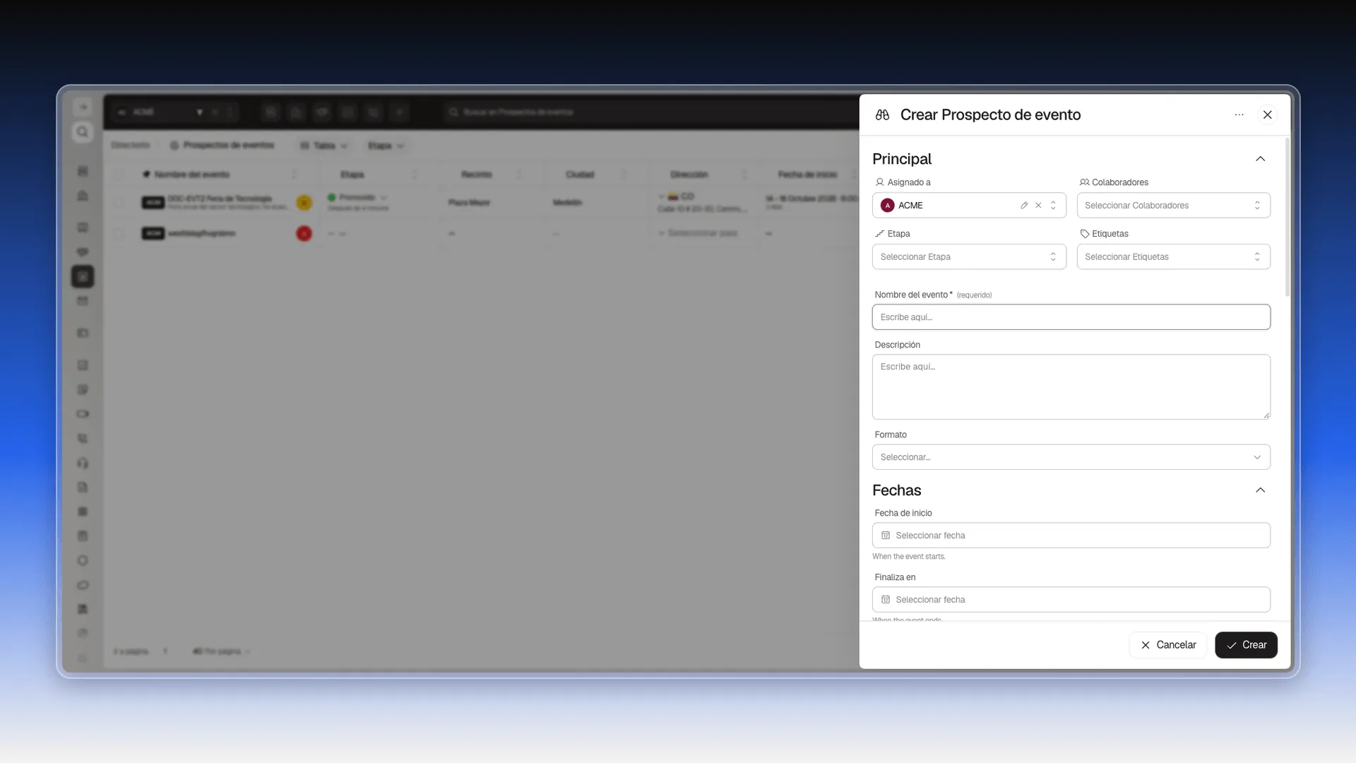 Sección Principal del formulario Crear Prospecto de evento con Asignado a, Colaboradores, Etapa, Etiquetas, Nombre del evento, Descripción y Formato