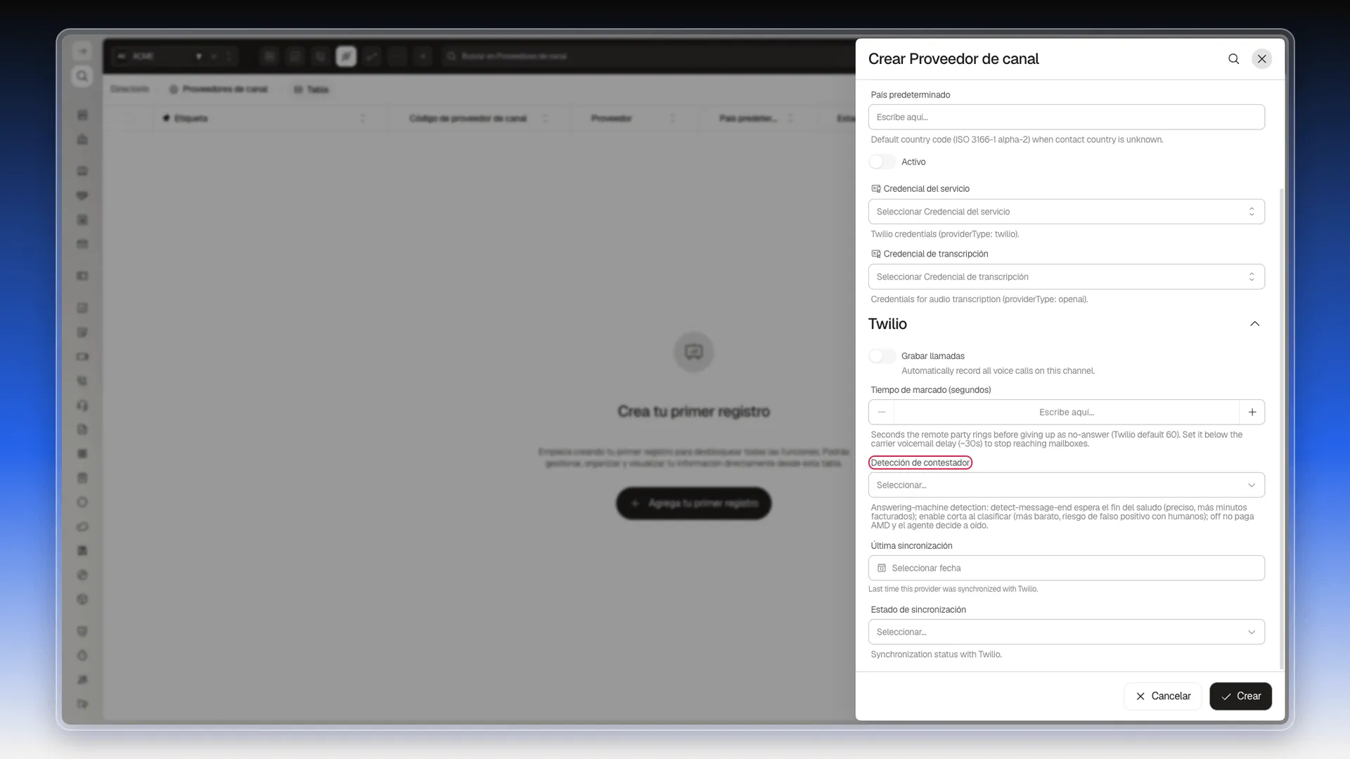Sección Twilio del proveedor de canal con Grabar llamadas, Tiempo de marcado y Detección de contestador