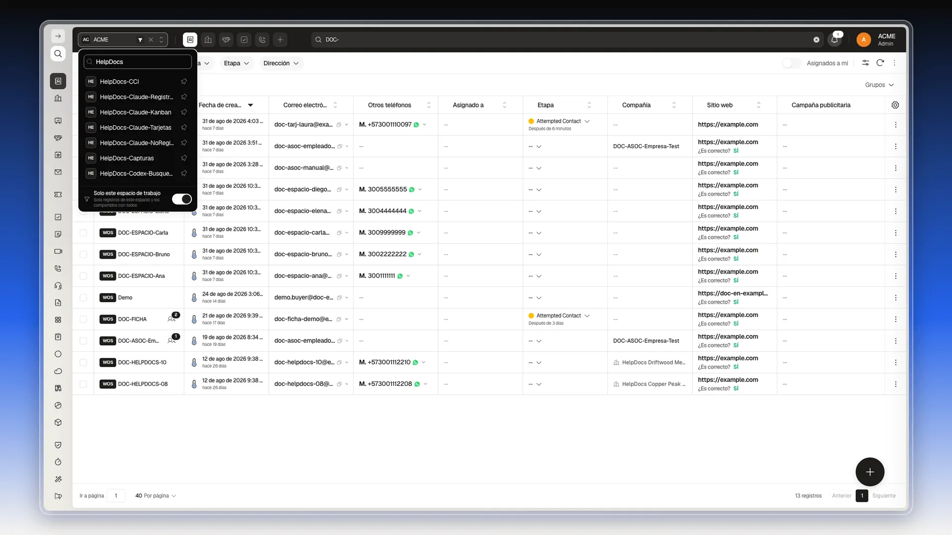 Selector de workspaces abierto desde la barra superior, con el campo Buscar filtrando la lista a los espacios HelpDocs