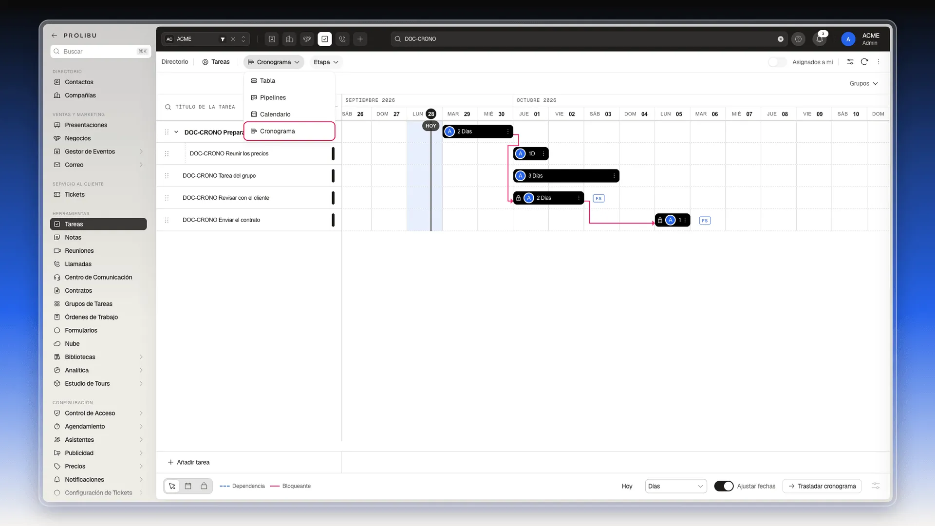 Selector de vista del módulo de Tareas abierto, con la opción Cronograma marcada