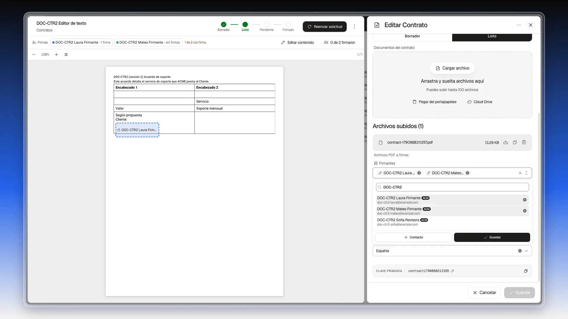 Selector de Firmantes abierto con la búsqueda DOC-CTR2, dos contactos ya elegidos, un tercero sin elegir y los botones + Contacto y Guardar