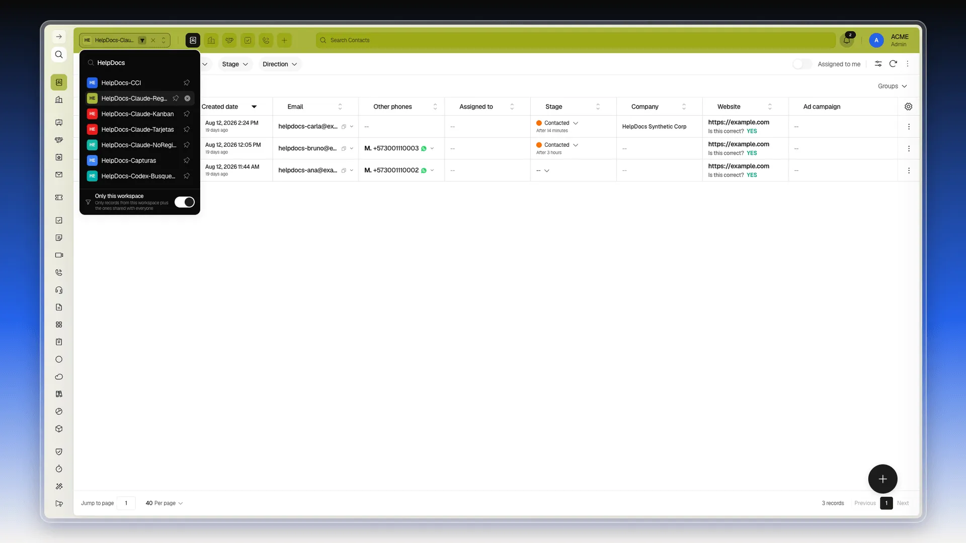 Workspace selector opened from the top bar, with the Search field filtering the list to the HelpDocs workspaces