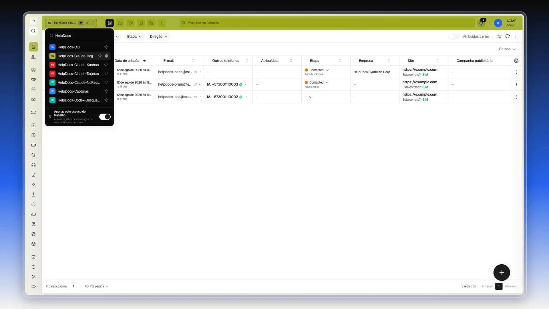 Seletor de workspaces aberto pela barra superior, com o campo Pesquisar filtrando a lista para os espaços HelpDocs
