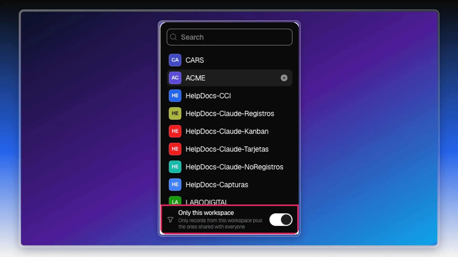 Workspace selector open with Only this workspace highlighted