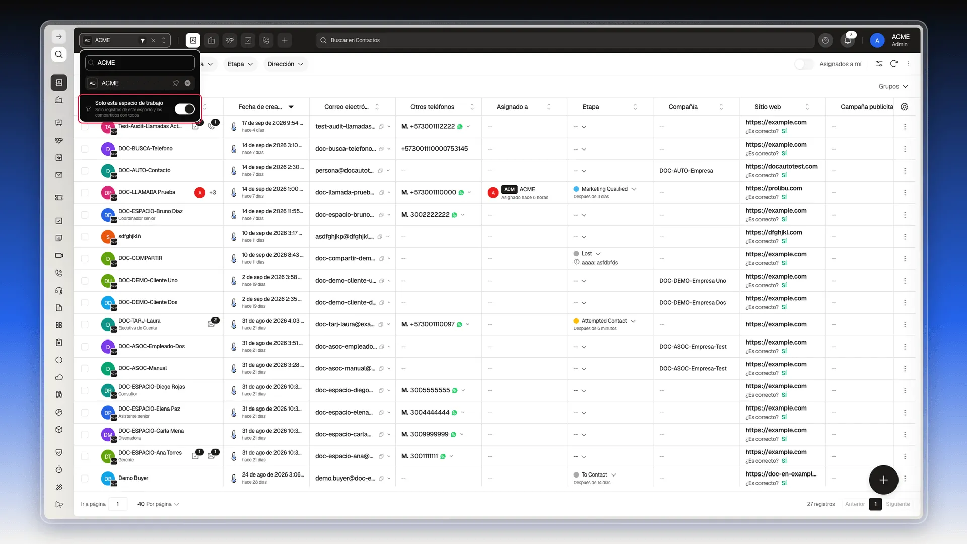 Selector de espacio de trabajo abierto con Solo este espacio de trabajo resaltado