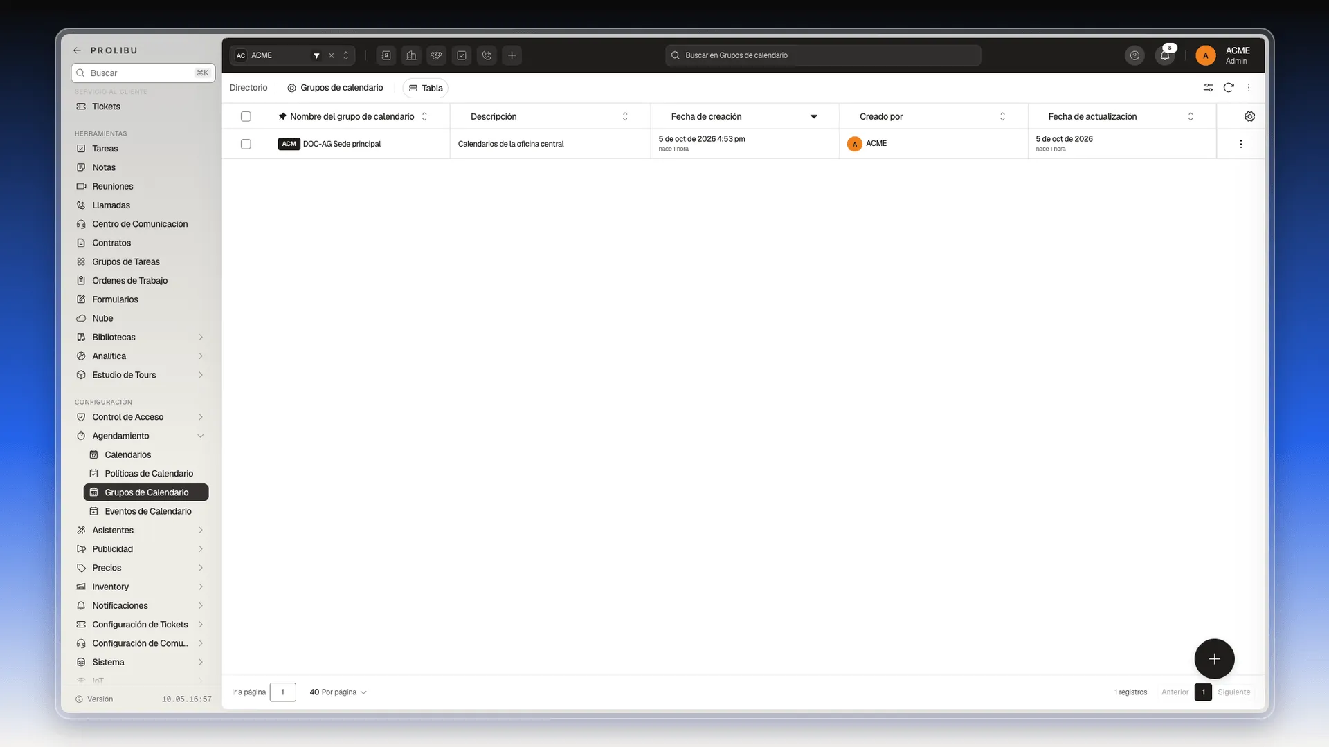 Tabla de Grupos de calendario con un grupo, su descripción, fecha de creación y creador