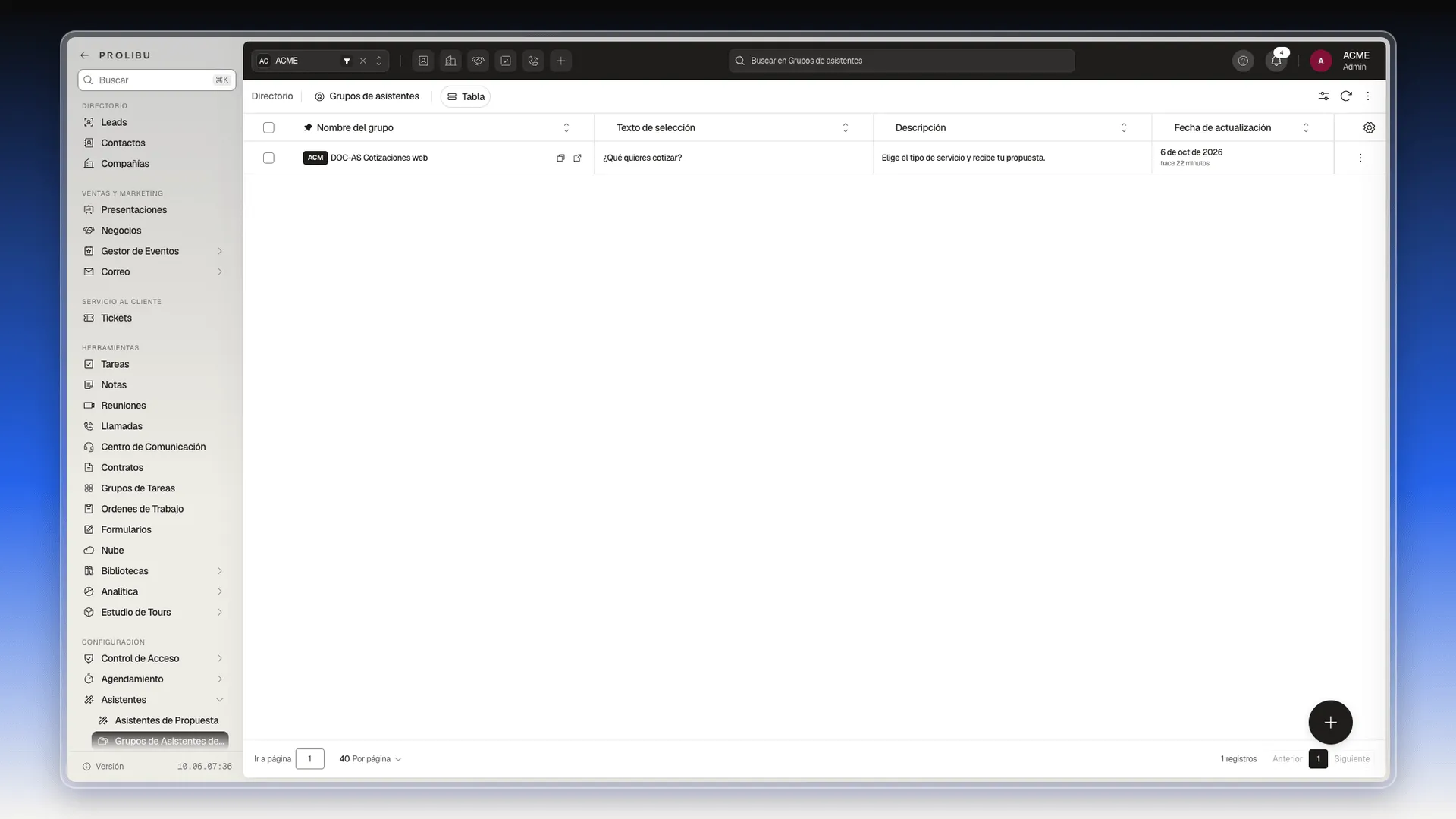 Tabla de Grupos de asistentes con el grupo DOC-AS Cotizaciones web, su texto de selección y su descripción