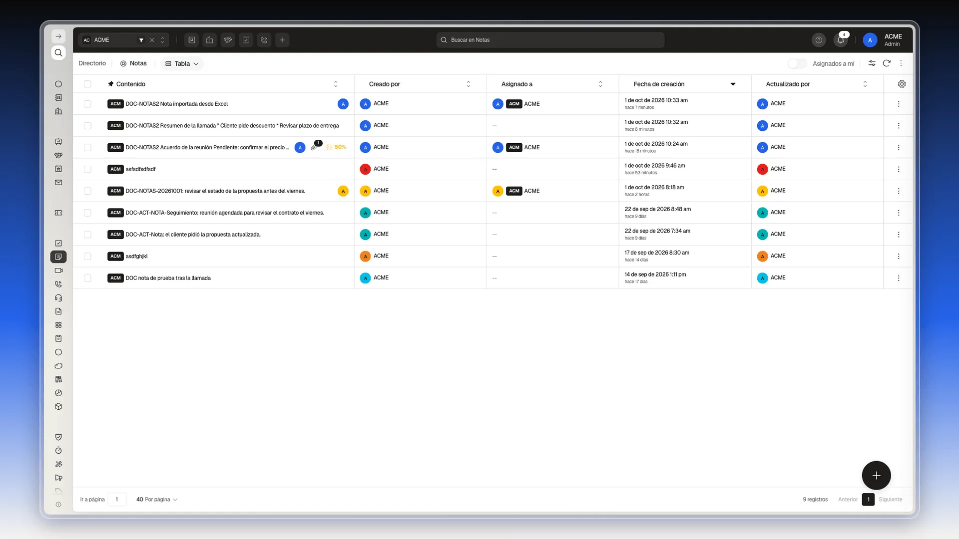 Tabla de notas con las columnas Contenido, Creado por, Asignado a, Fecha de creación y Actualizado por