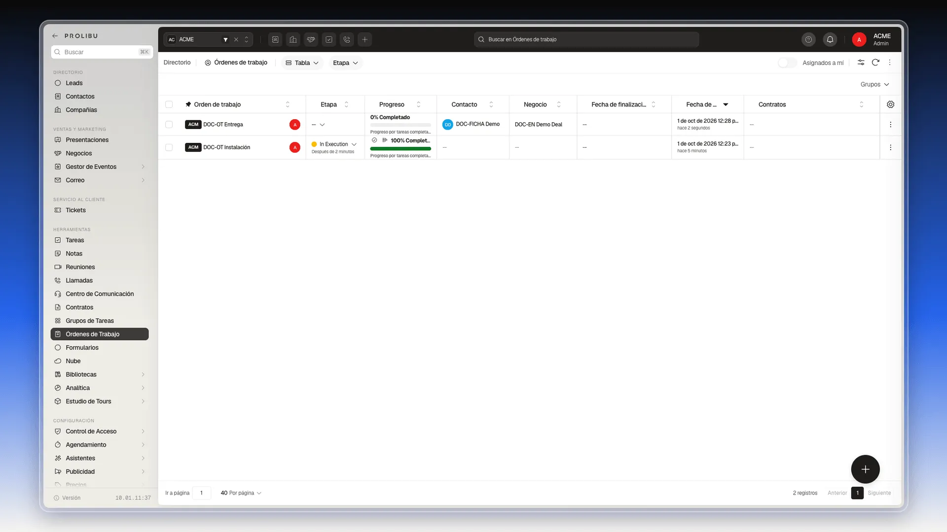 Tabla de órdenes con las columnas Contacto y Negocio completas en una de las filas