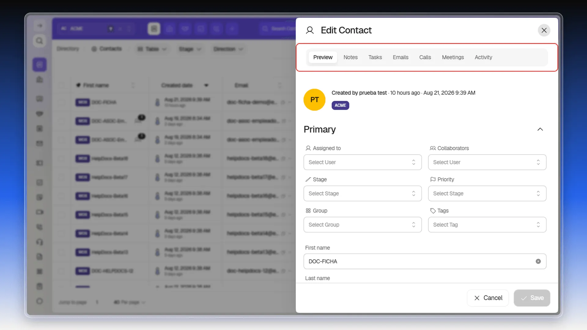 Activity tabs on a contact's record: Notes, Tasks, Emails, Calls, Meetings, and Activity