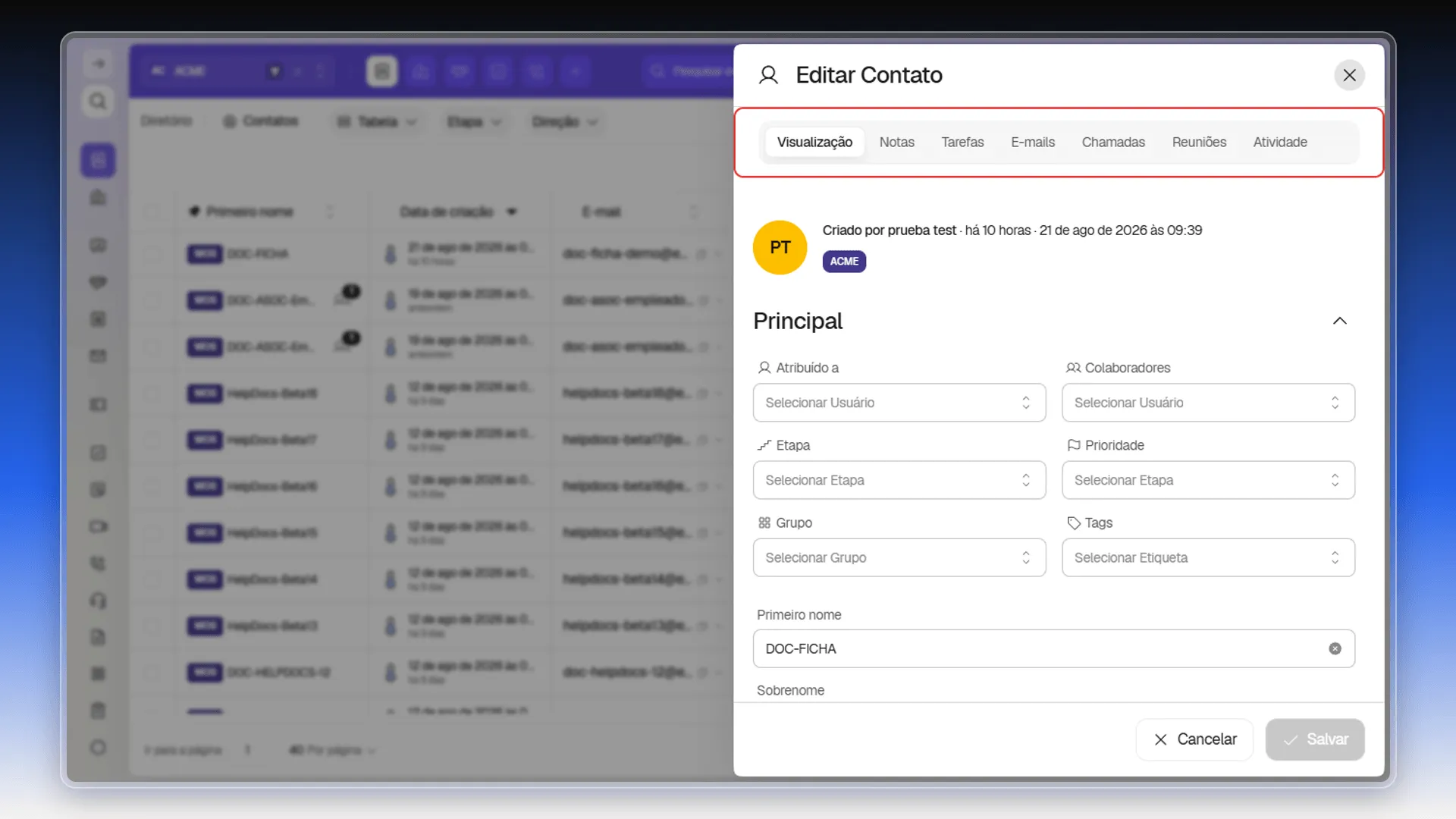 Abas de atividade da ficha de um contato: Notas, Tarefas, E-mails, Chamadas, Reuniões e Atividade