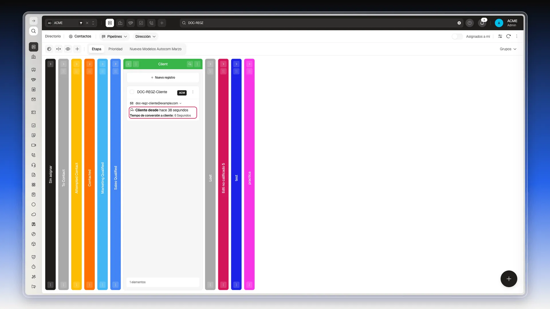 Tarjeta de un contacto en la columna Client con las líneas Cliente desde hace 38 segundos y Tiempo de conversión a cliente resaltadas