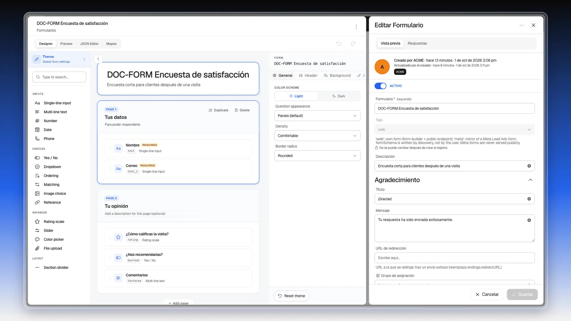 Theme abierto con la pestaña General: Color scheme, Question appearance, Density y Border radius