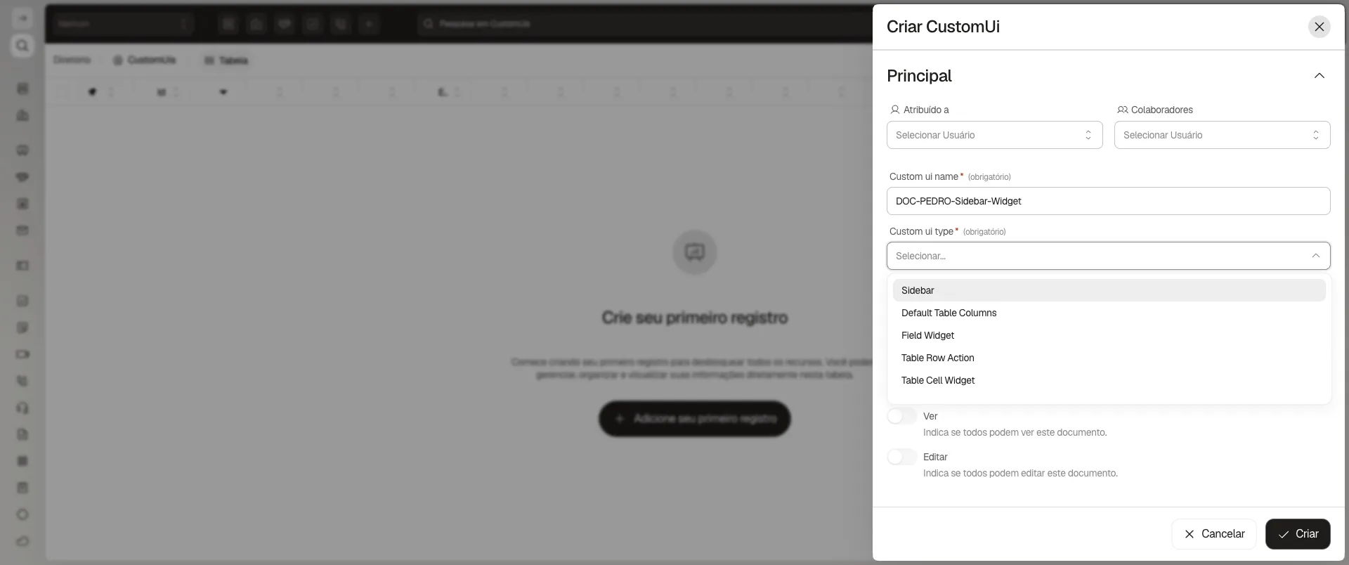 Formulário Criar CustomUi com o dropdown Custom ui type aberto, listando cinco tipos de interface