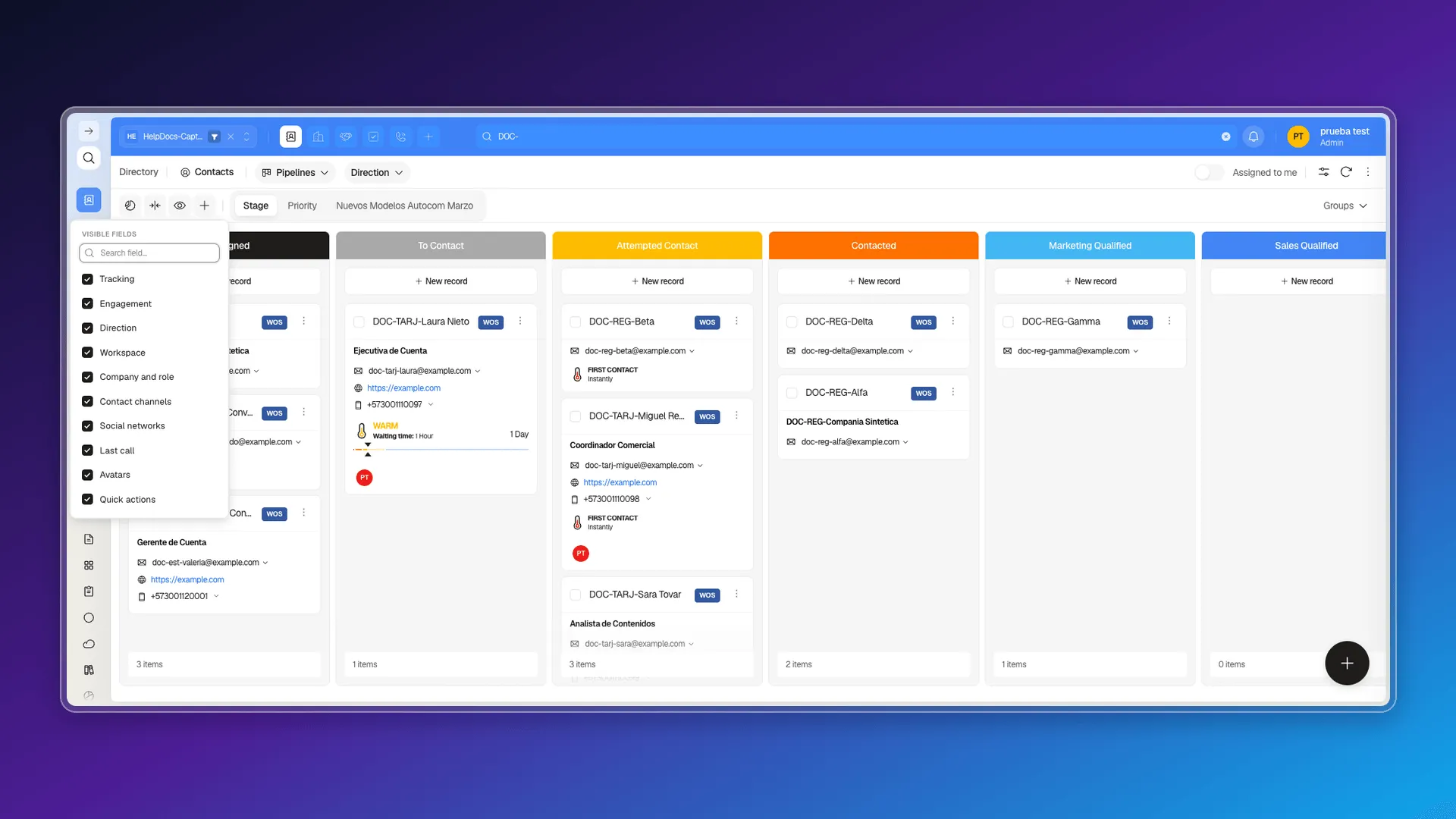 Visible fields checklist to customize the board's cards