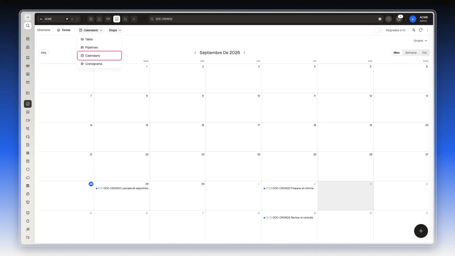 Selector de vista de Tareas abierto, con la opción Calendario resaltada