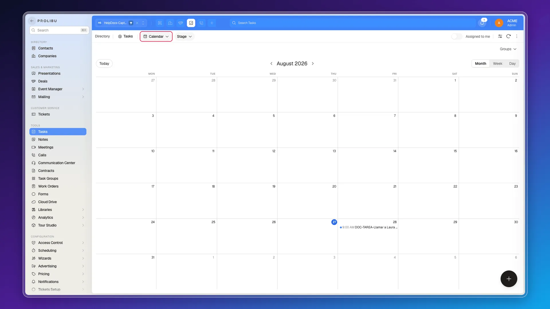 Calendar view in the Tasks module
