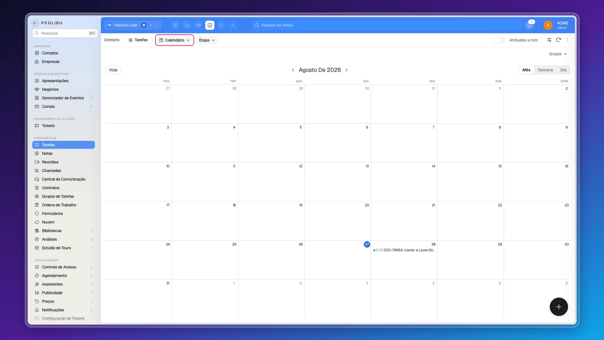 Visão Calendário do módulo de Tarefas