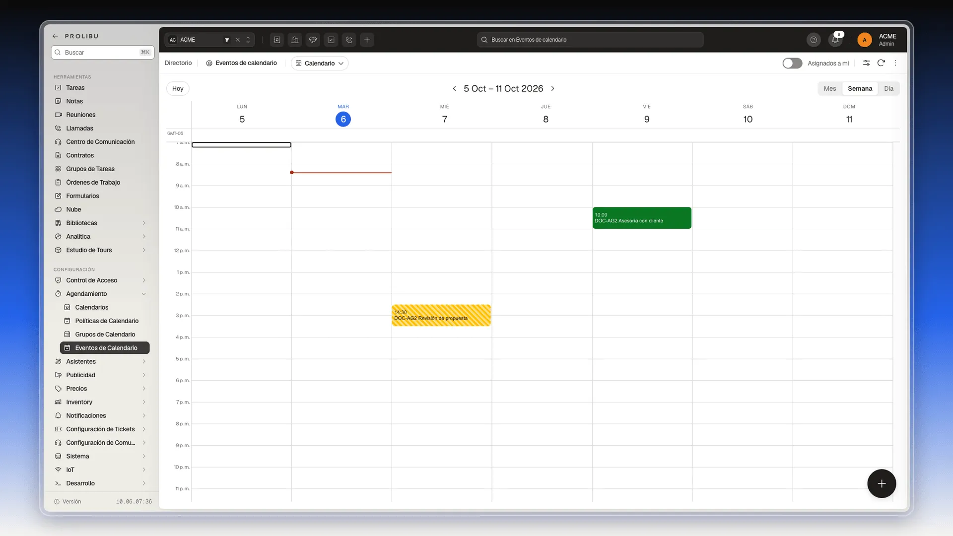 Vista Calendario por semana con una cita confirmada el viernes a las 10 y una tentativa el miércoles a las 14