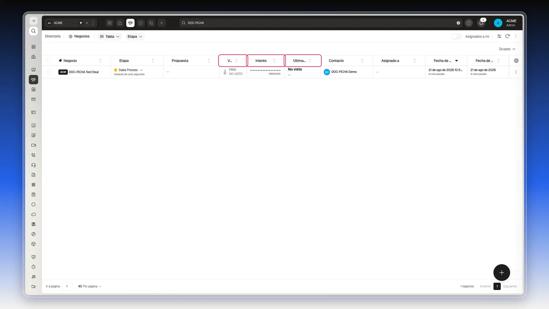 Columnas Vistas, Interés y Última vez visto en la lista de Negocios, con un registro de prueba sin vistas
