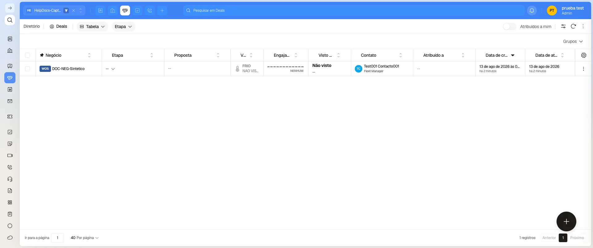Colunas Visualizações, Interesse e Visto pela última vez na lista de Negócios, com um registro de teste sem visualizações