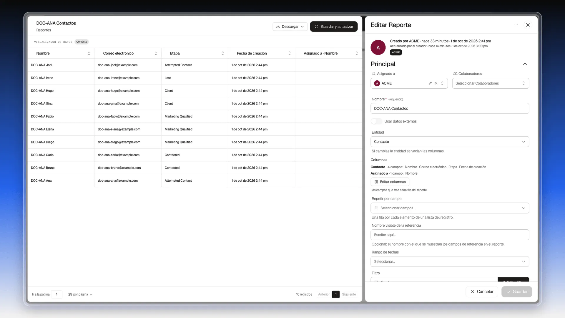 Visualizador de datos del reporte DOC-ANA Contactos con las columnas Nombre, Correo electrónico, Etapa, Fecha de creación y Asignado a · Nombre