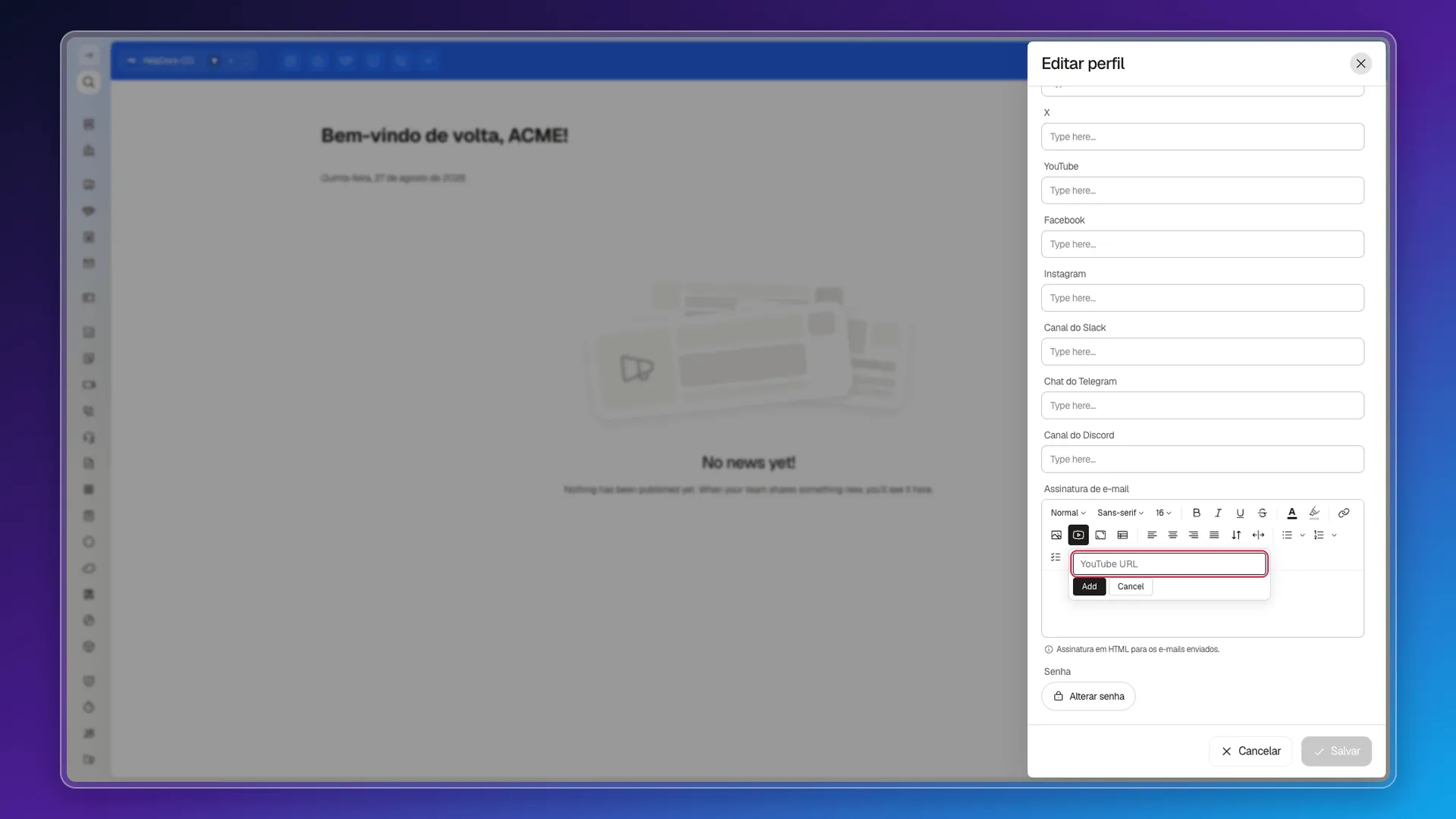 Editor com o campo YouTube URL aberto e destacado