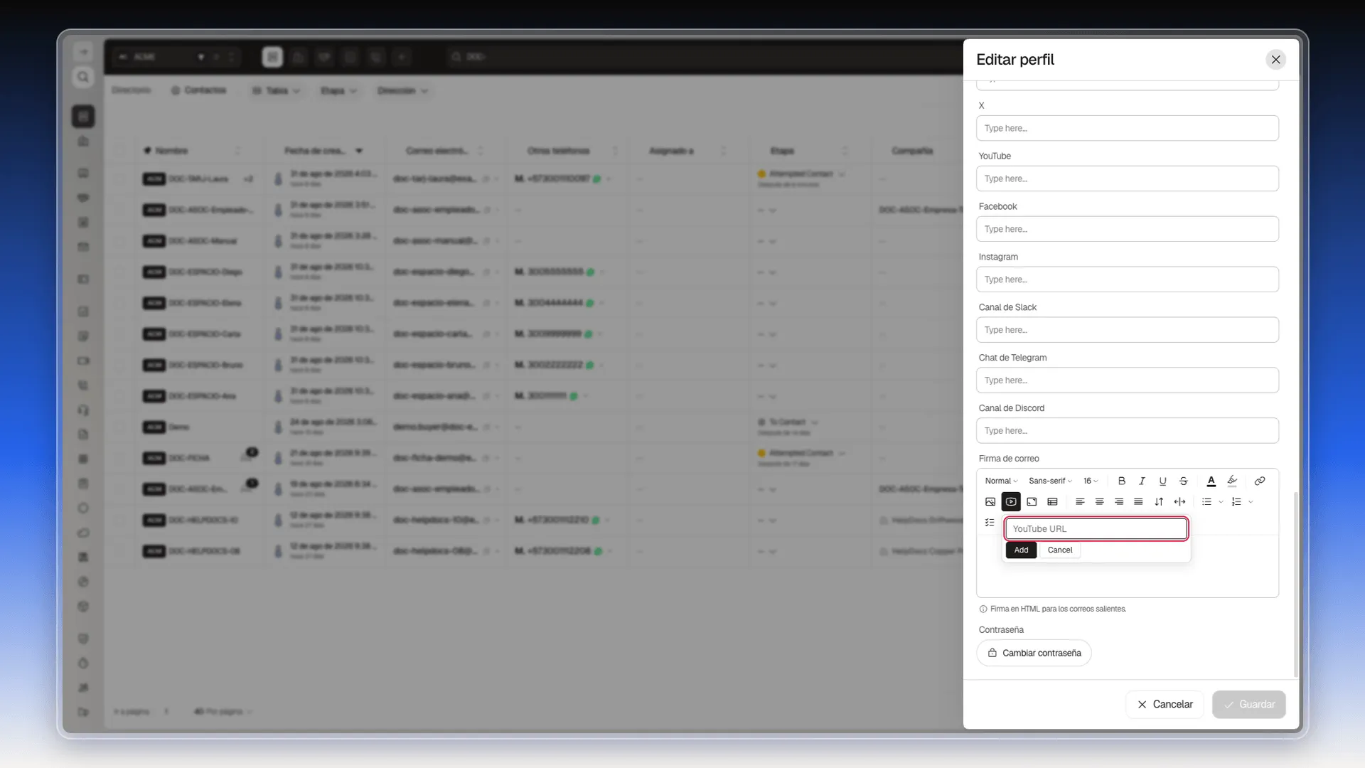 Editor con el campo YouTube URL abierto y resaltado