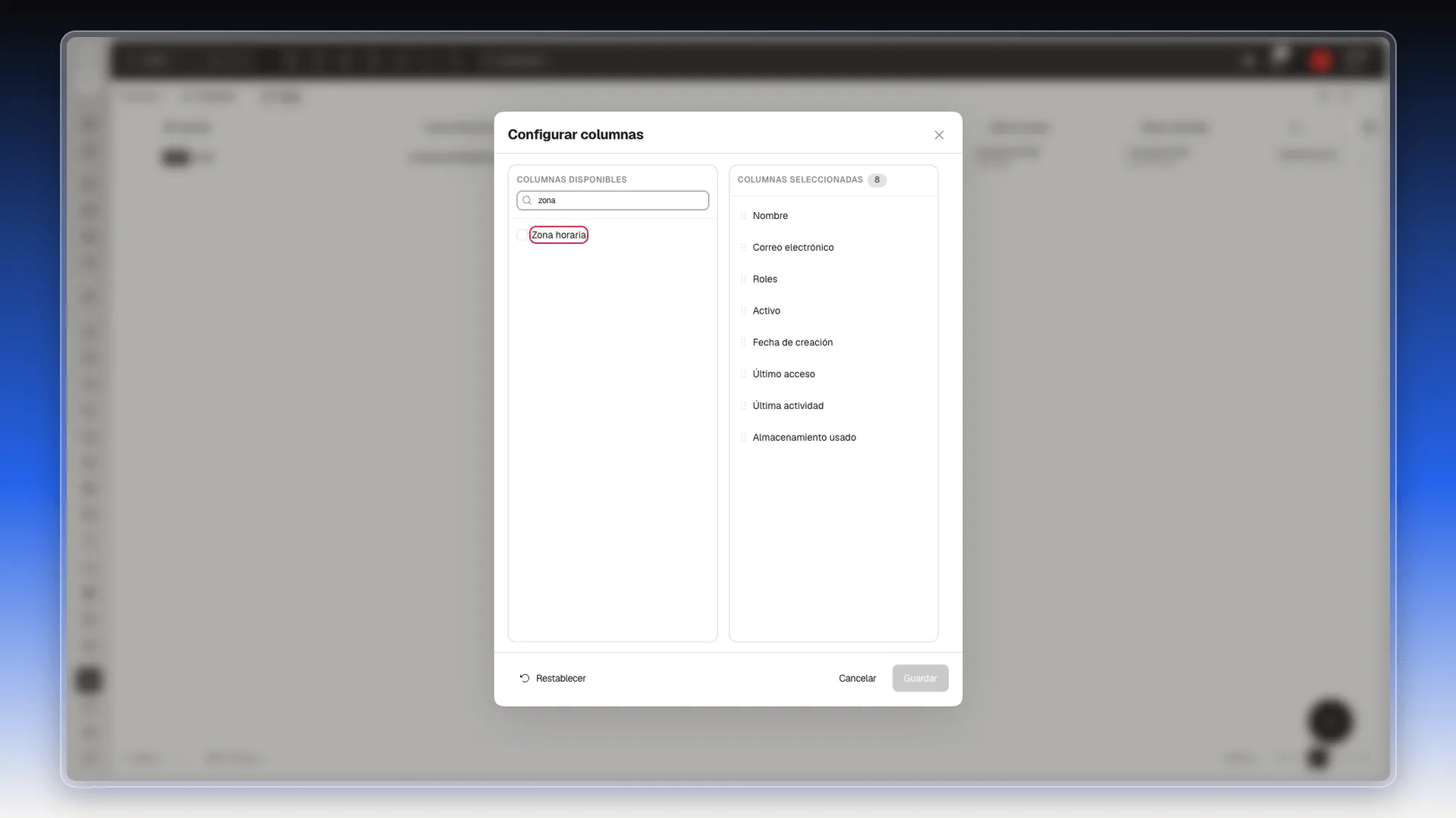 Panel Configurar columnas de Usuarios con la propiedad Zona horaria resaltada