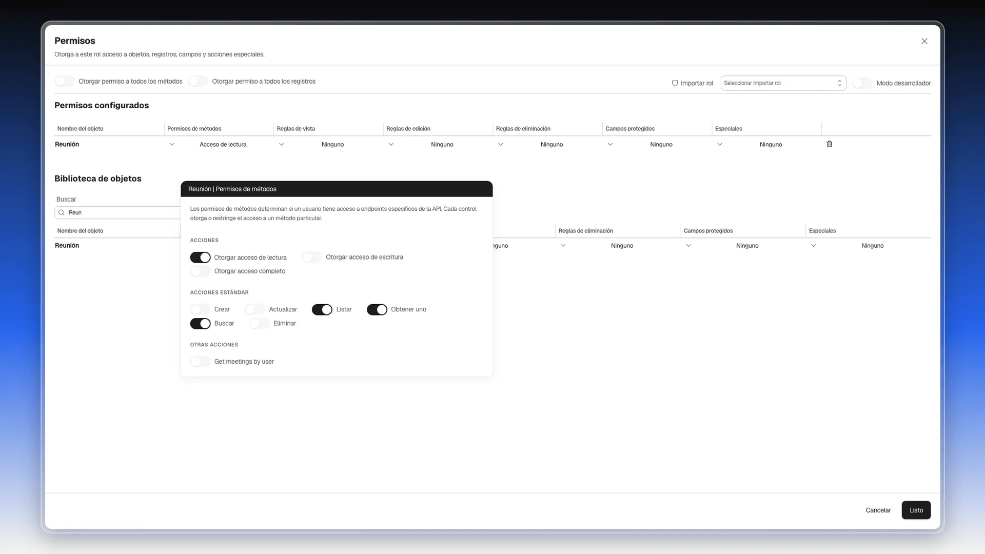 Panel de permisos de métodos con Otorgar acceso de lectura activado y Listar, Obtener uno y Buscar encendidos
