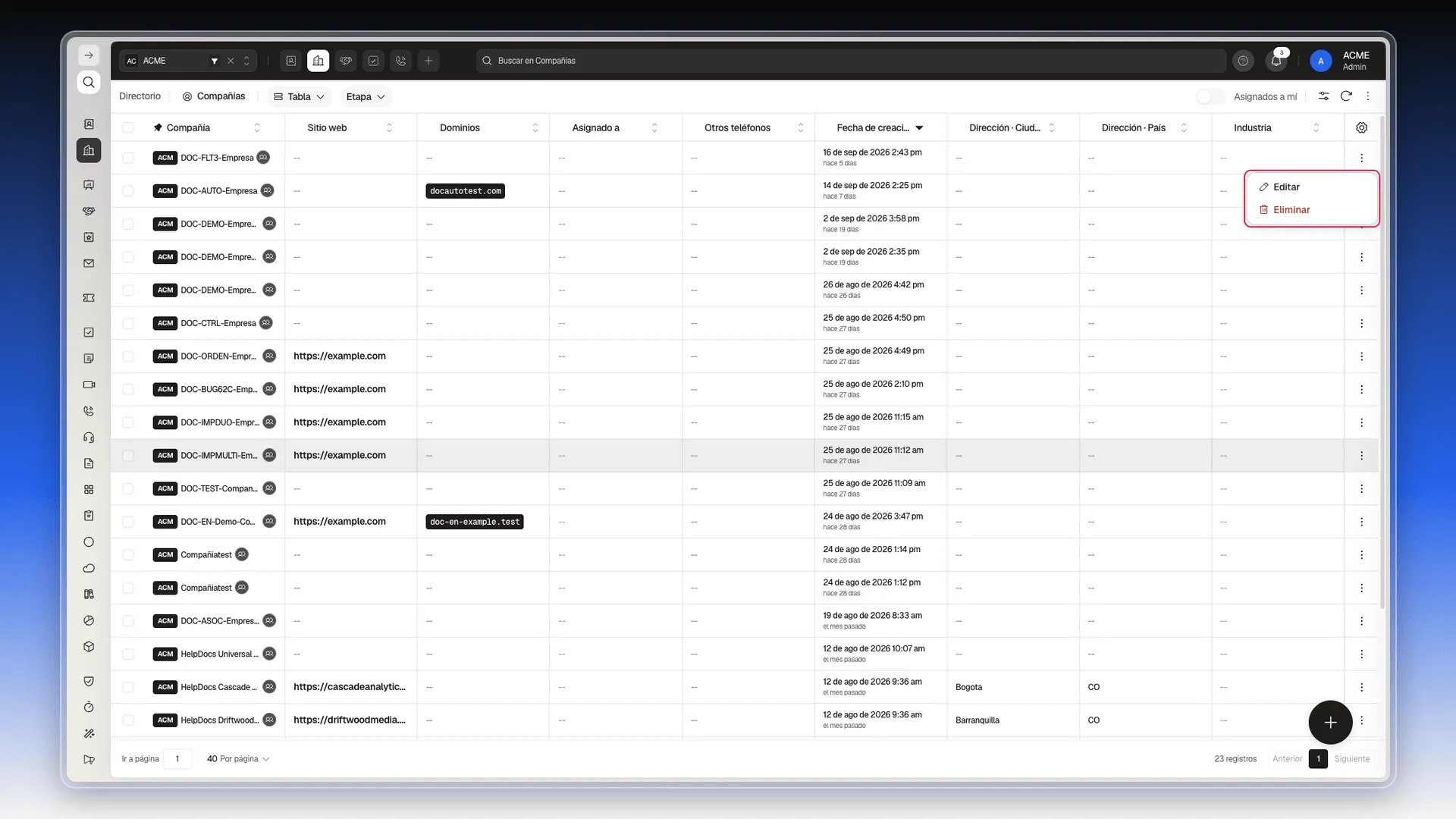 Menú de acciones de una fila de compañía con Editar y Eliminar